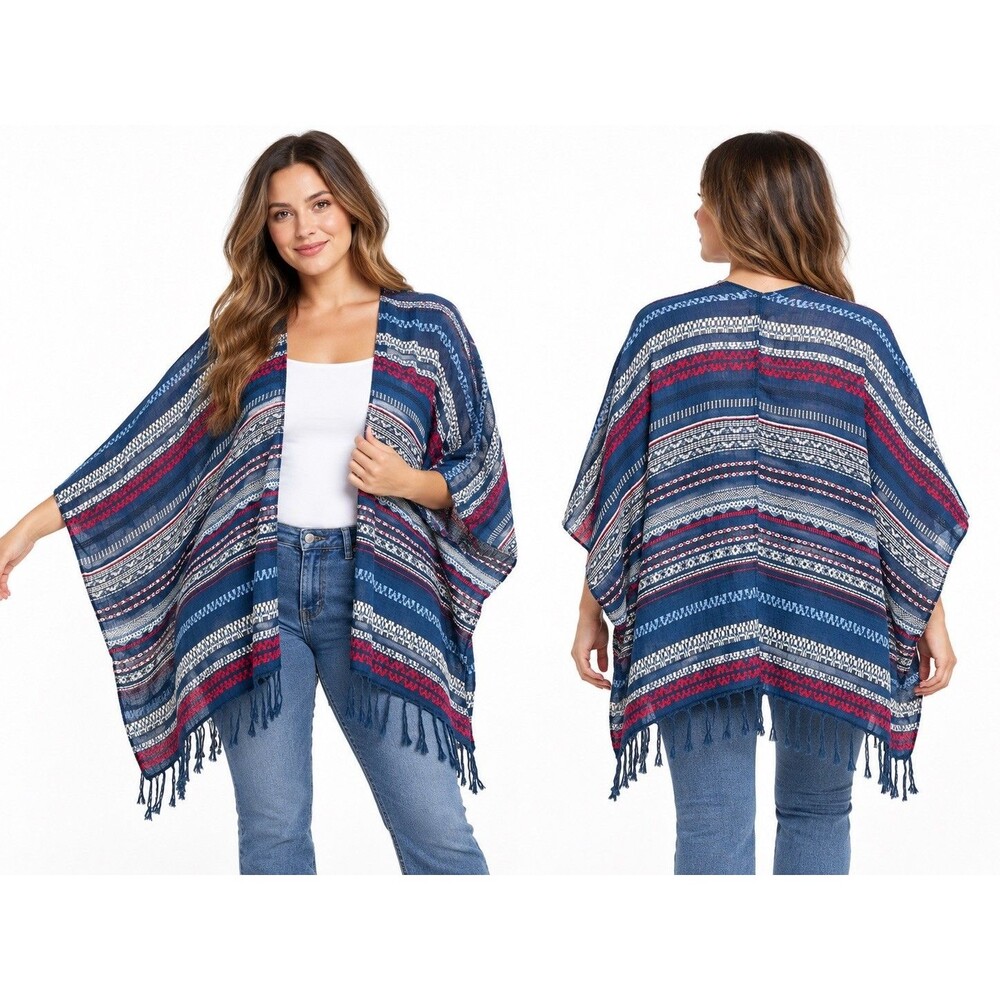 American Eagle Womens One Size Kimono Shawl Blue Red Striped Fringe Cotton